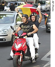 Supporters of the German national soccer team celebrate after the Group A